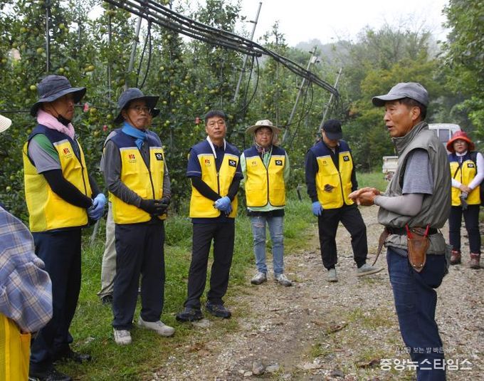 과수원 사장에게 농작업 설명을 듣고 있는 직원 모습
