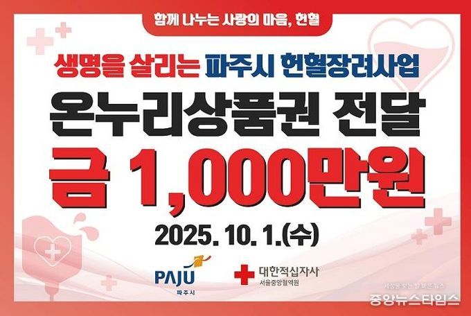 파주시, 대한적십자사 서울중앙혈액원에 헌혈장려사업 상품권 전달