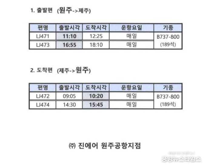 원주공항 동계 제주 항공편, 오전·오후 편성 유지