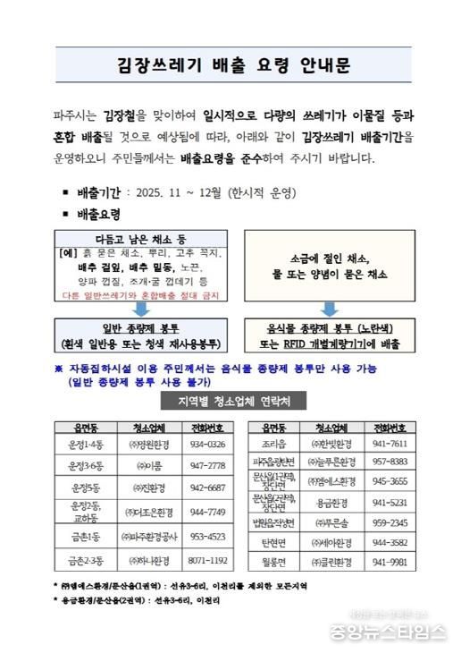 파주시, 동절기 김장 쓰레기 특별 수거 기간 운영