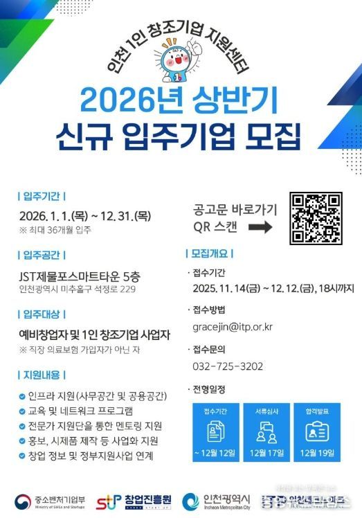 인천TP, ‘1인 창조기업 지원센터’ 입주기업 모집