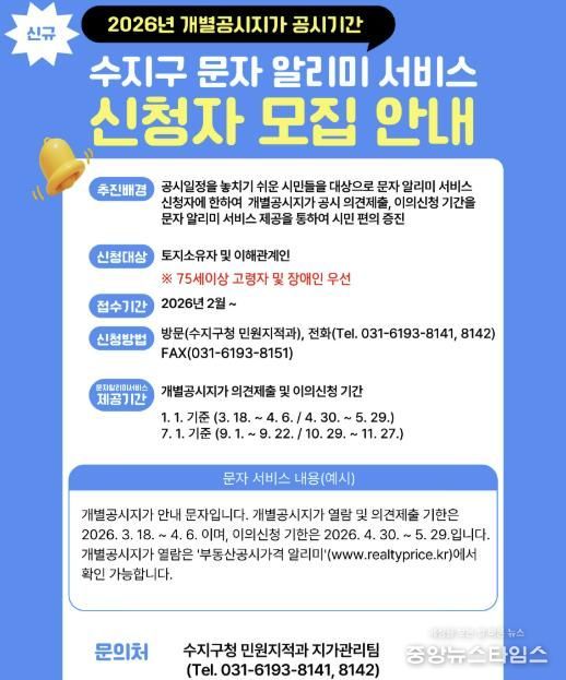 용인특례시 수지구 개별공시지가 문자 알리미 서비스 안내문.(용인시 제공)