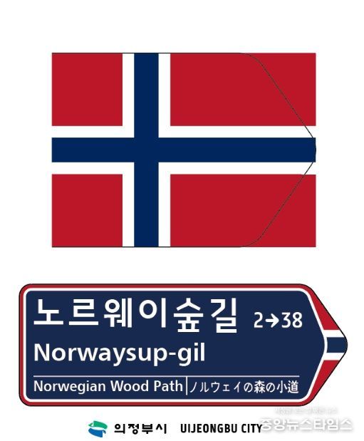 노르웨이 국기 문양이 디자인 요소로 반영한 주소정보시설 도로명판